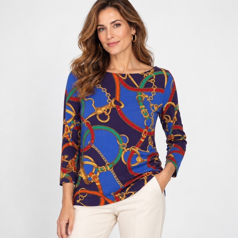 Lauren Ralph Lauren Equestrian Chain Print Top Womens L Cotton Preppy Classic